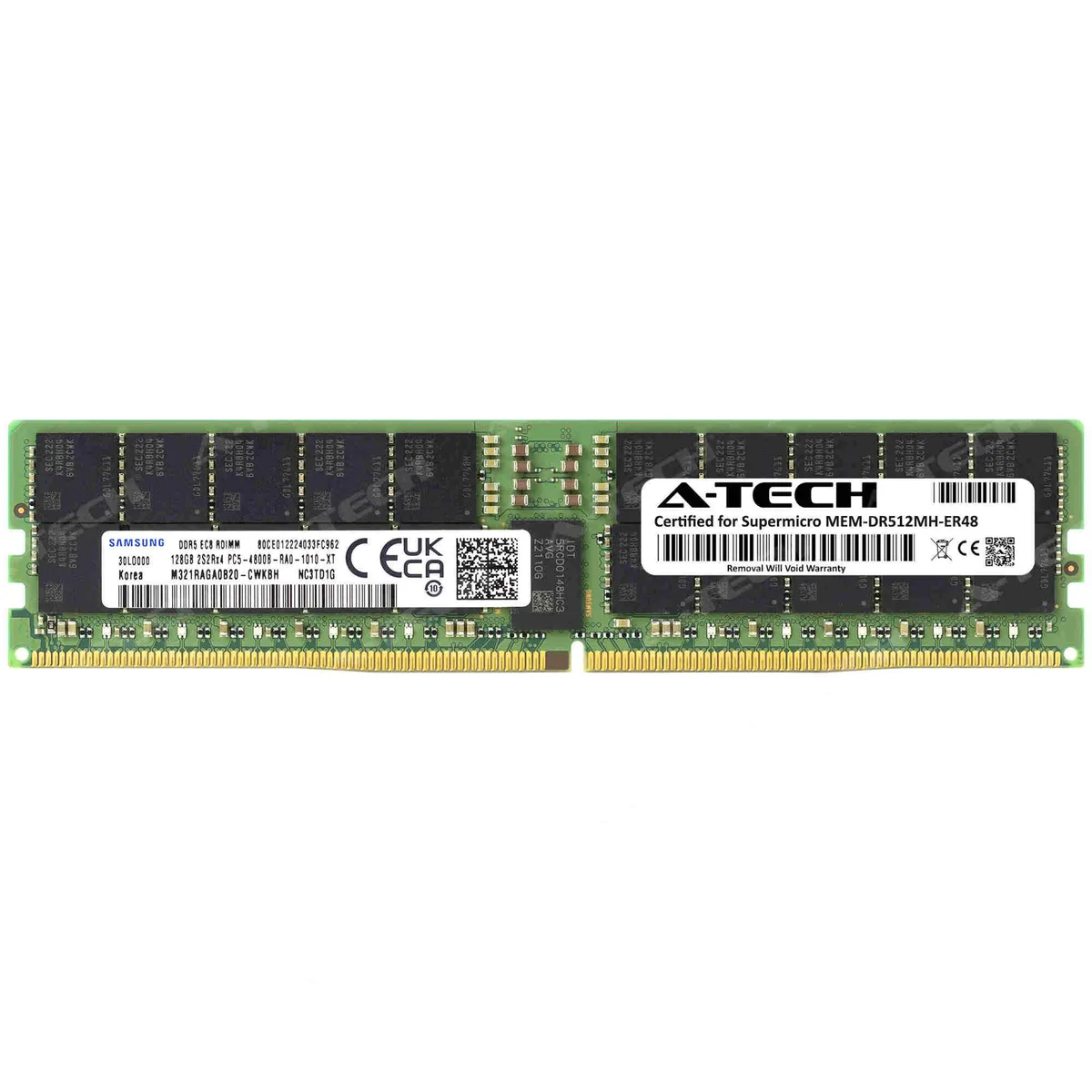 Green rectangular DDR5 RDIMM module, 288 gold pins, black chips, silver heat spreader, product label visible