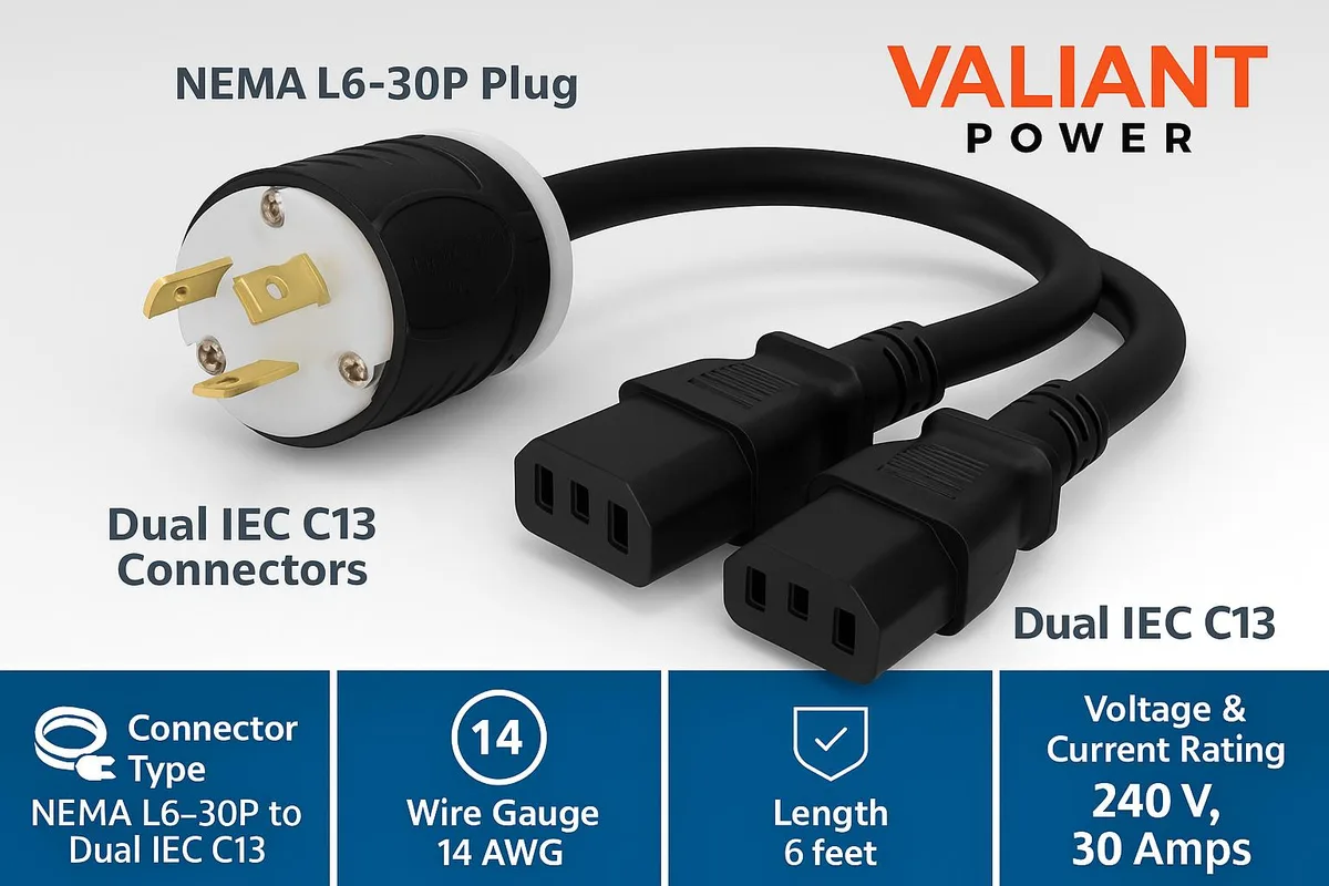 Valiant Power Valiant Power L6-30P to Dual C13 6ft 12AWG 240V 30A mining hardware — photo du produit