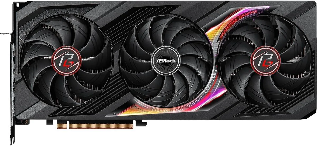 ASRock RX 7900 XT Phantom Gaming graphics card, triple-fan cooler, dark grey metal shroud with red accents, full-length PCIe 4.0 x16