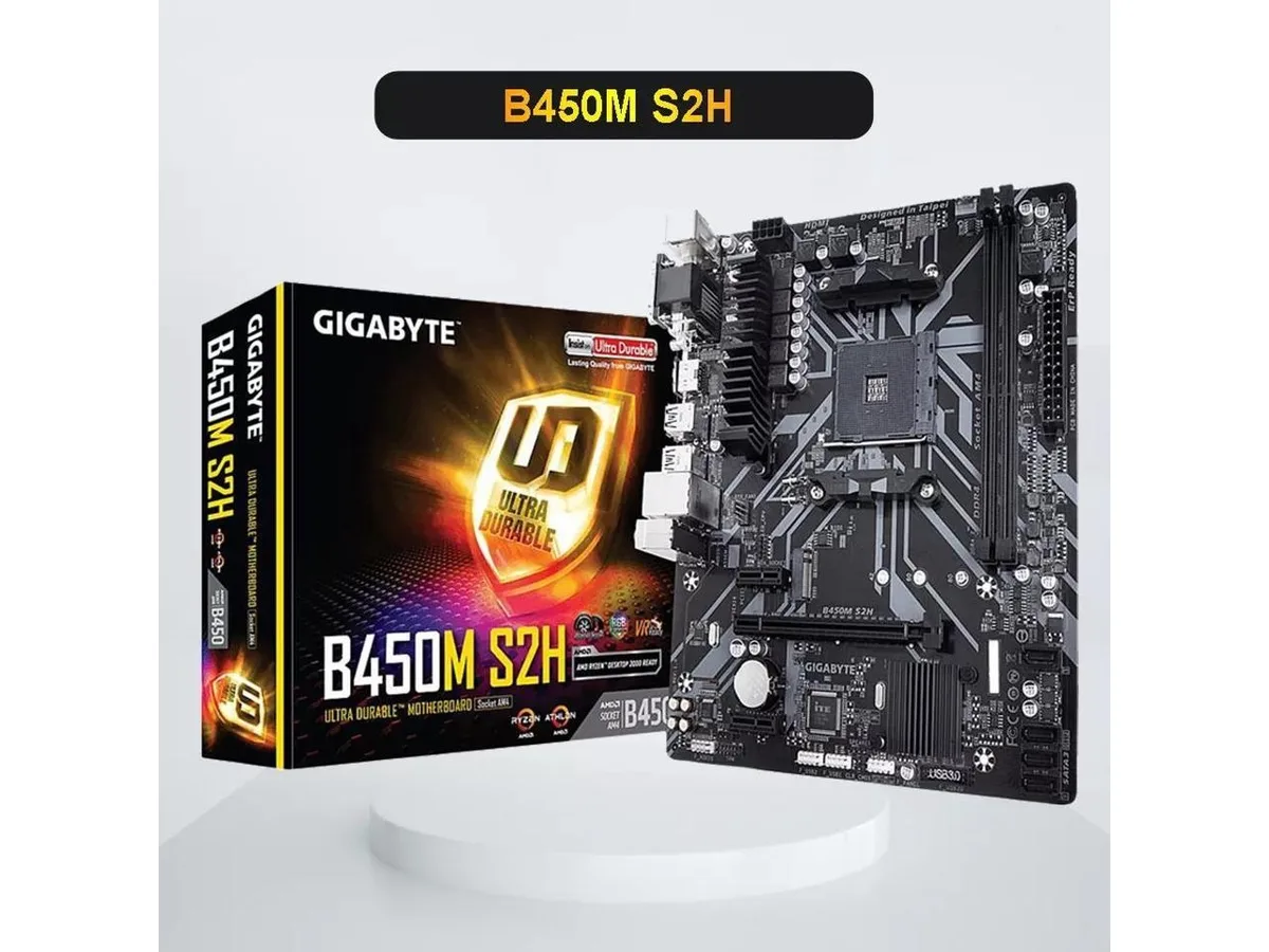 Micro-ATX AM4 board, matte black PCB, silver slots, silver heatsink, rear I/O shield