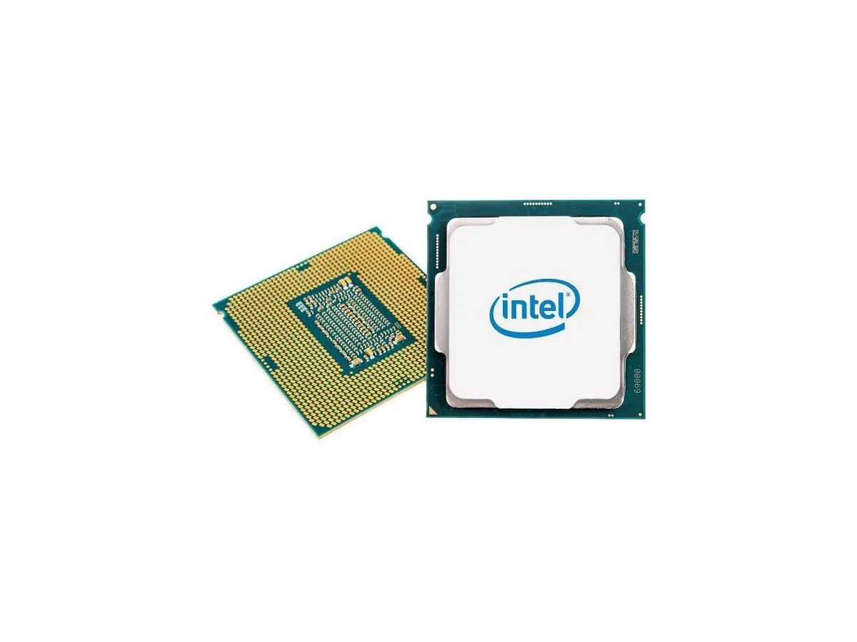 Square green CPU die with gold contacts and silver heatspreader engraved Intel Core i5-8600K