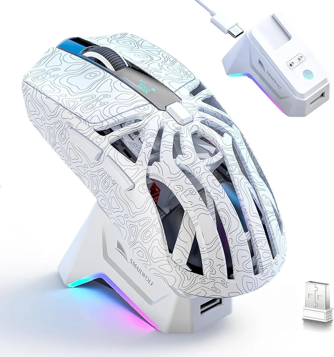 Hitoor Hitoor M8 Gaming Mouse PAW3311 12000 DPI 72g Tri-Mode RGB Magnetic Dock White — fotografia produktu