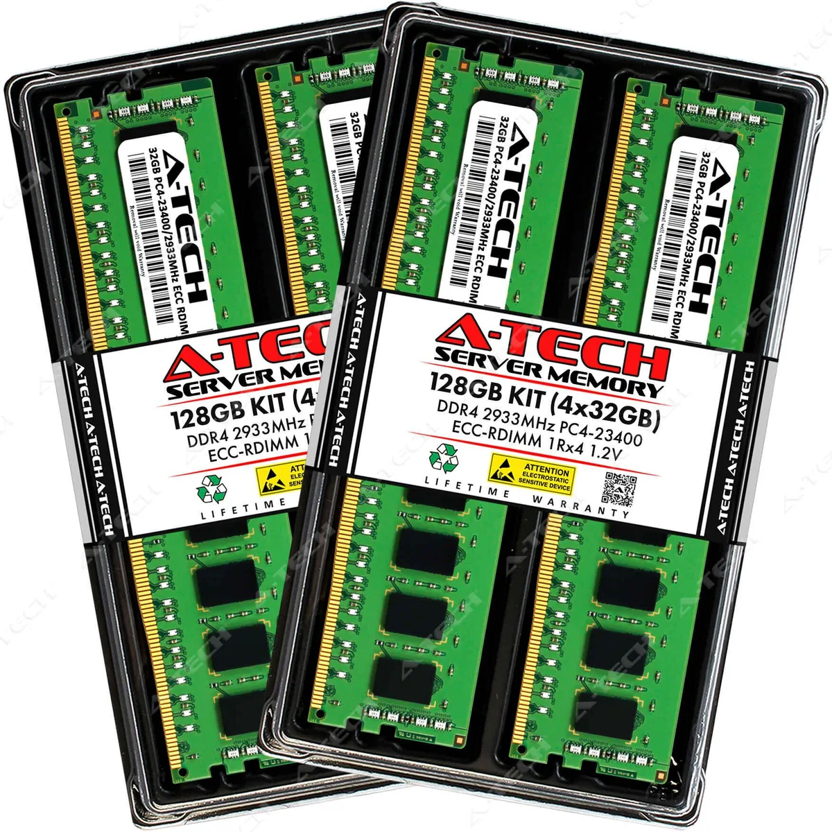 Four green DDR4 DIMMs with gold contacts, no heat spreaders