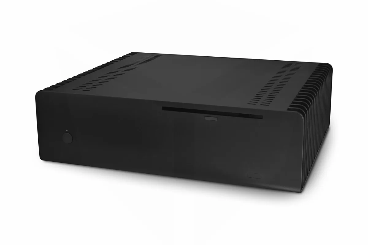 Black aluminium fanless ATX HTPC case with sandblast finish and side USB ports