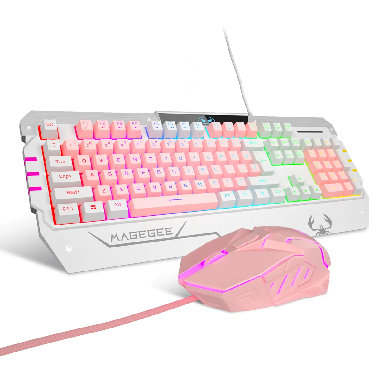 Black and pink wired gaming keyboard with integrated wrist rest and matching mouse, RGB backlit keys visible