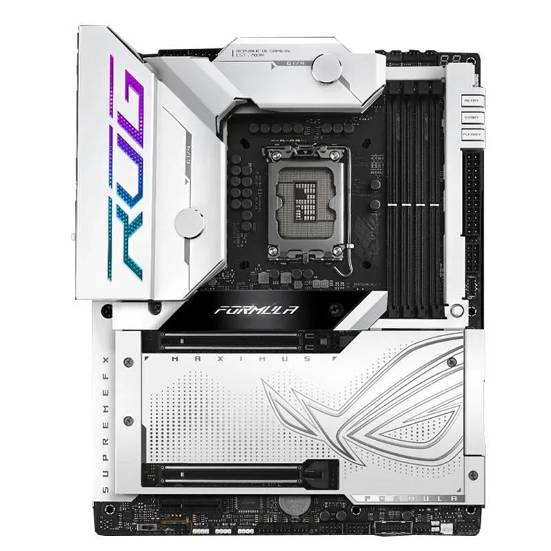 ATX motherboard with black and silver heatsinks and LGA 1700 socket