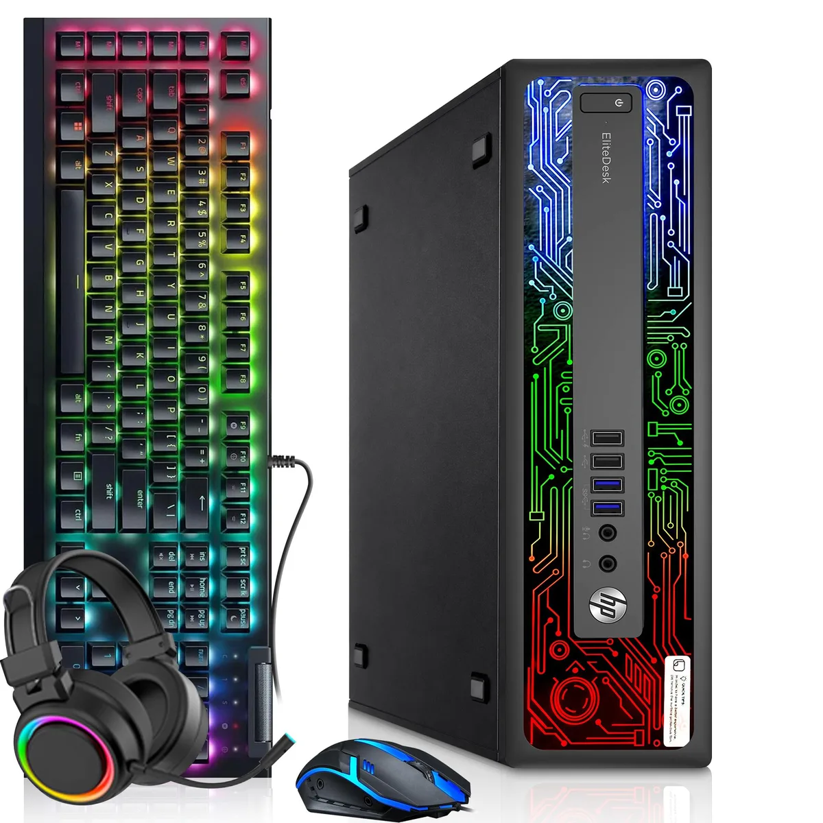 Black small-form-factor desktop tower with RGB keyboard, mouse and headset