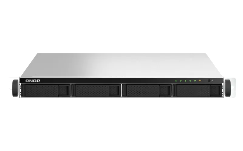 Silver 1U rackmount unit with four drive bays, dual power supplies, front LEDs and rear ports