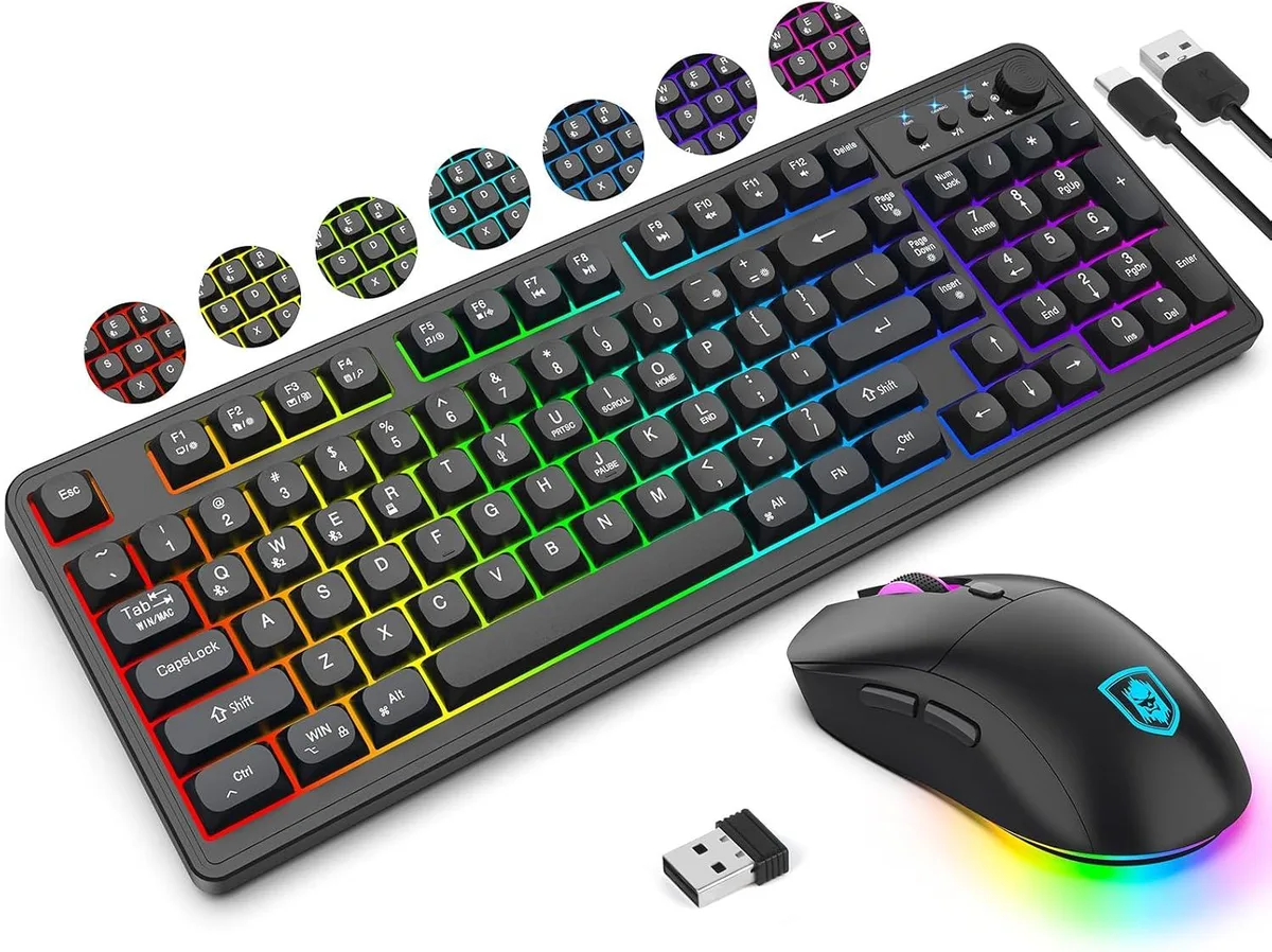 Black wireless gaming keyboard with volume knob and matching mouse, RGB backlighting visible
