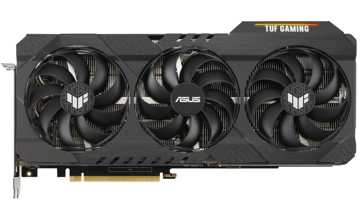 ASUS TUF Gaming RTX 3070 Ti graphics card with triple axial-tech fans and matte black metal shroud