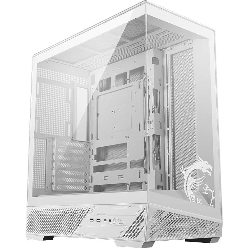 White mid-tower case with tempered glass side panel and vertical GPU bracket
