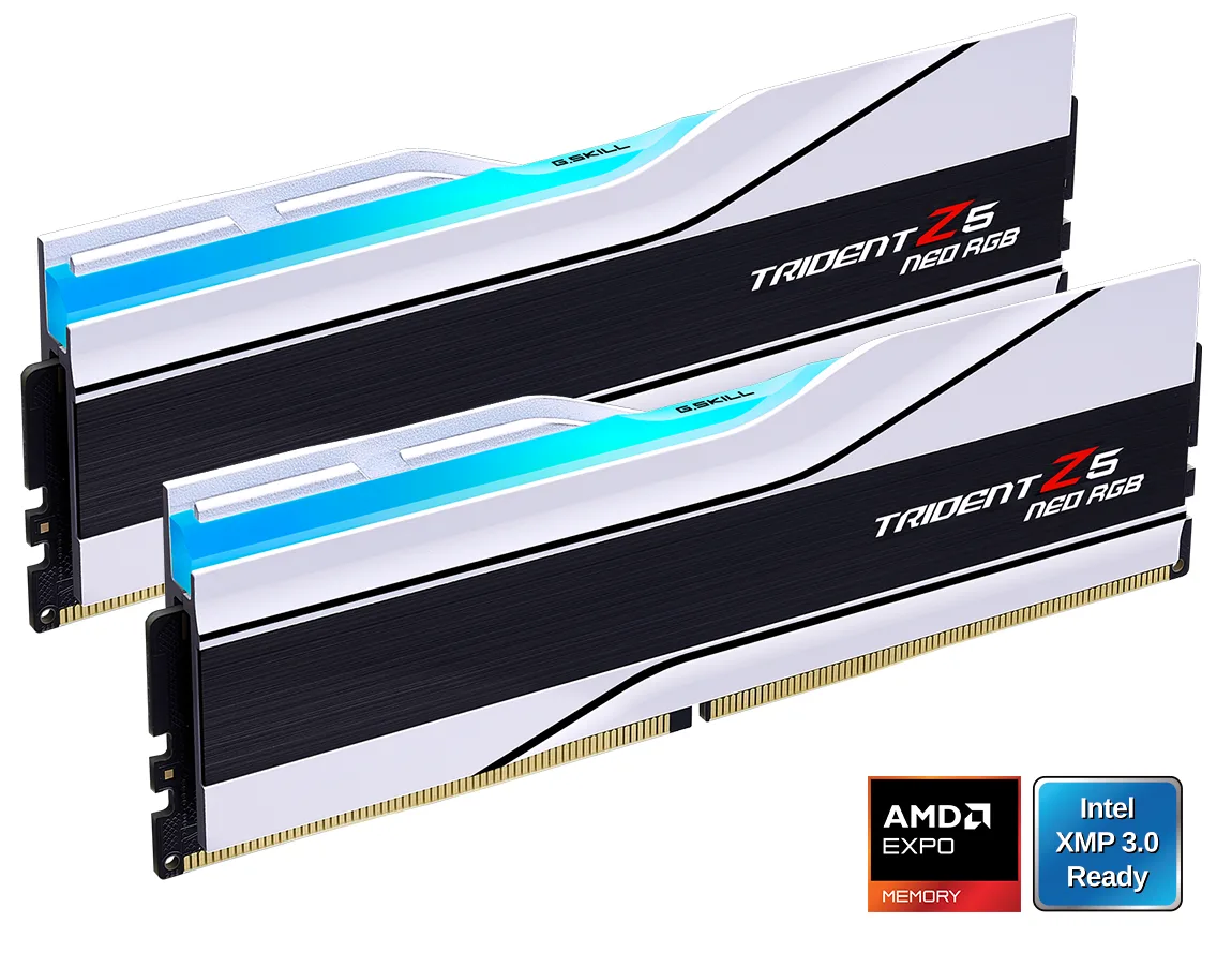 Two white DDR5 sticks with brushed aluminium insets and RGB light bars
