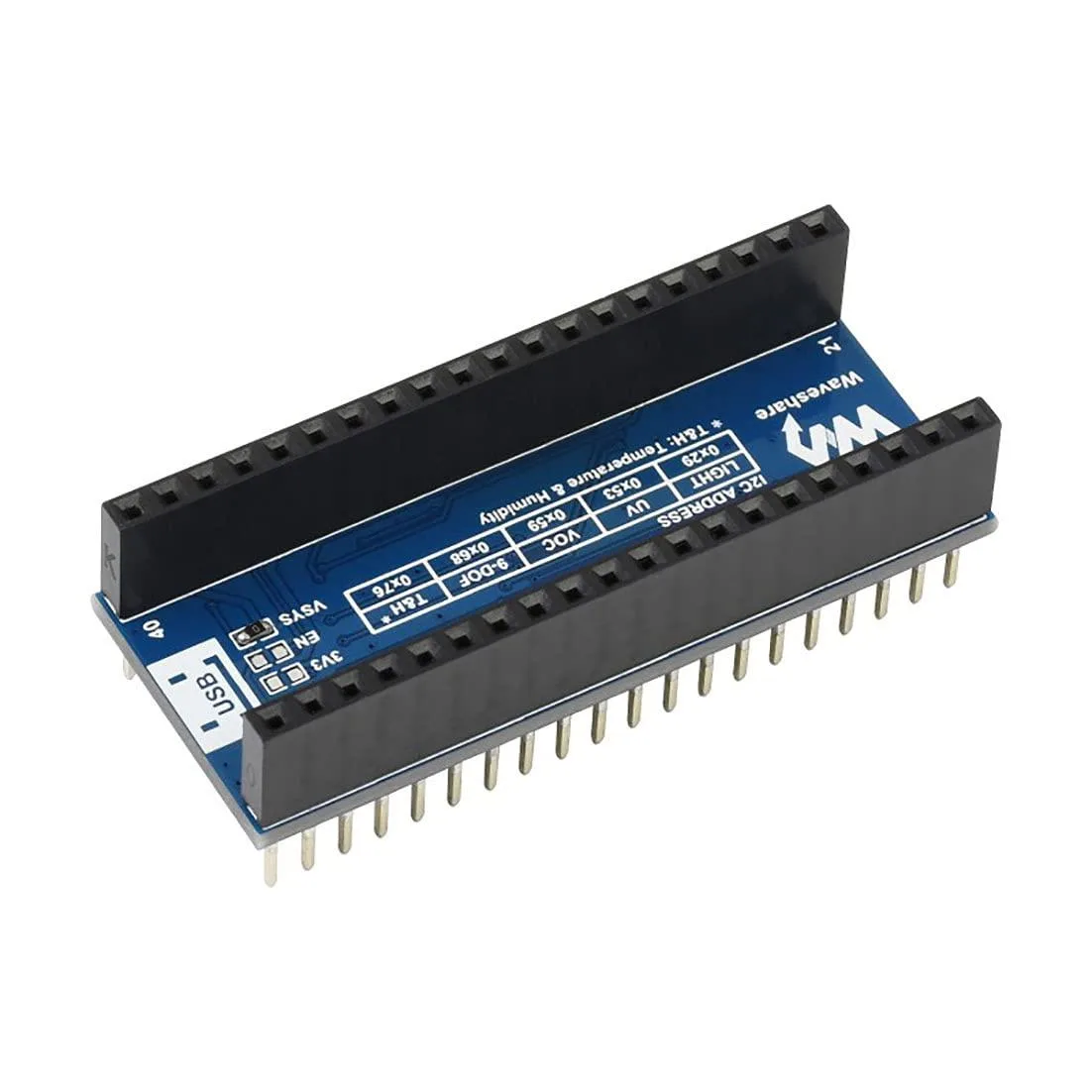 Green rectangular circuit board with multiple sensor chips and a 40-pin header for Raspberry Pi Pico