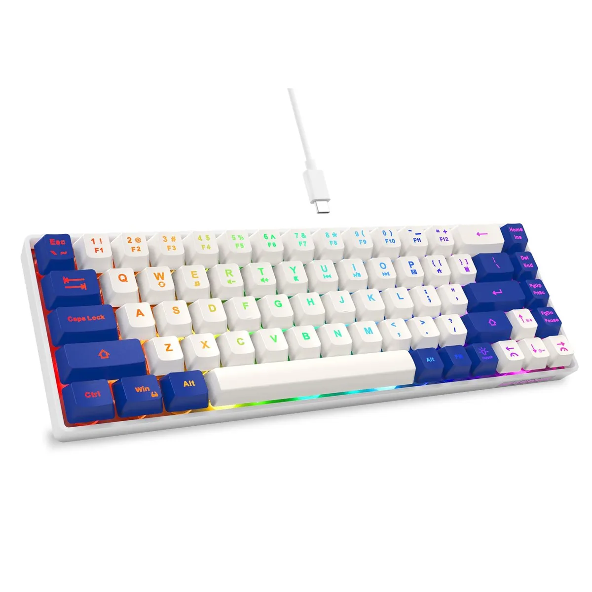 Compact white and blue 65 percent wired gaming keyboard with 68 keys and LED backlighting