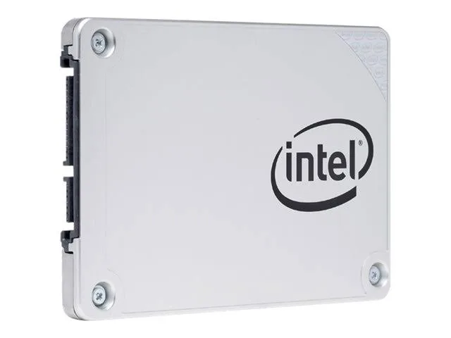 Rectangular 2.5 inch silver metal internal SSD with label showing Intel Pro 5400s 240GB SATA