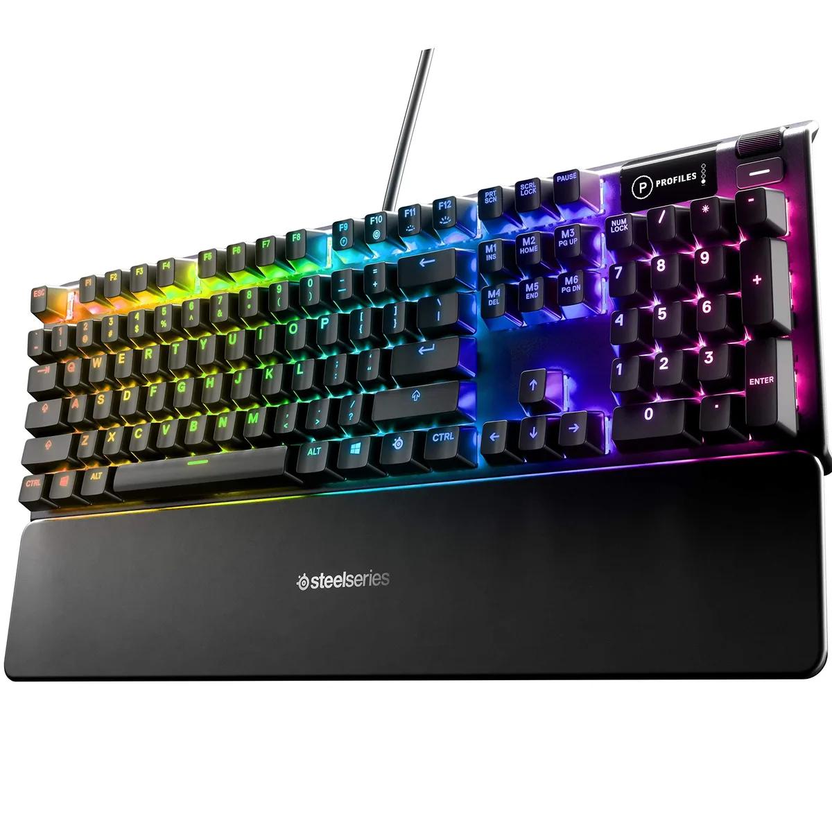 Black full-size gaming keyboard with aluminium frame, per-key RGB lighting, OLED display and magnetic wrist rest