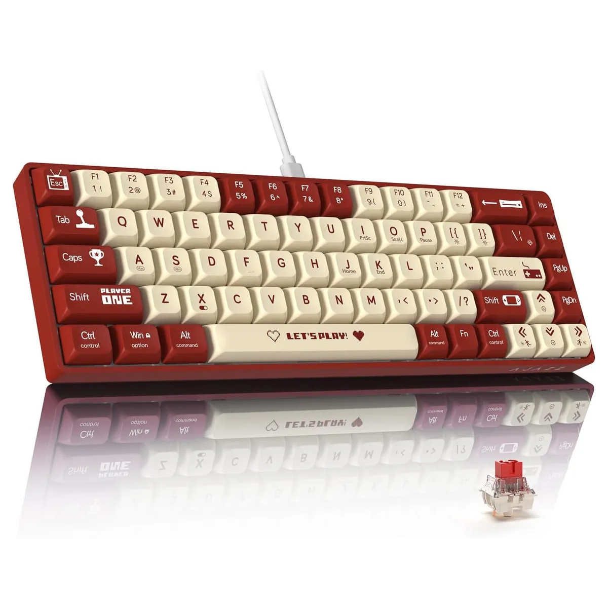 Compact 60% mechanical keyboard in red and white with detachable USB-C cable