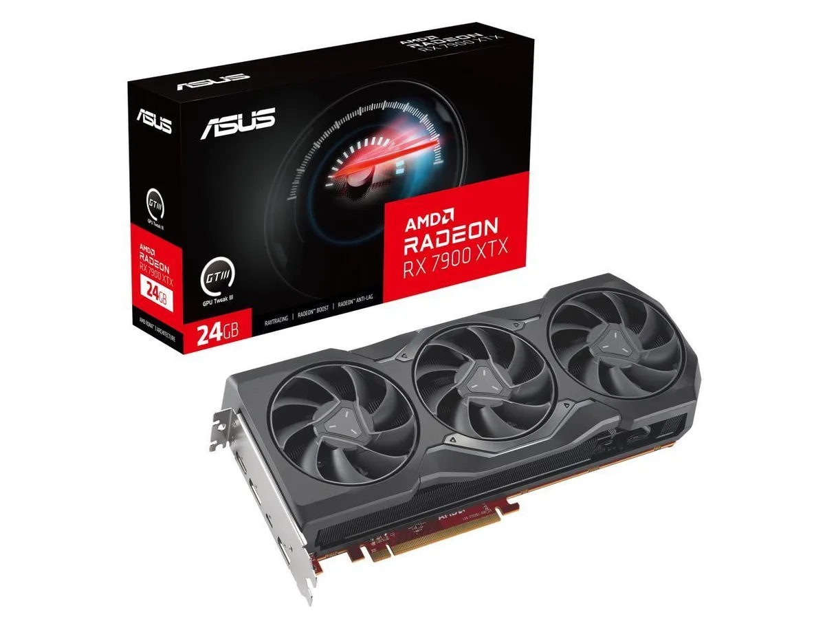 ASUS Radeon RX 7900 XTX triple-fan graphics card in matte black finish