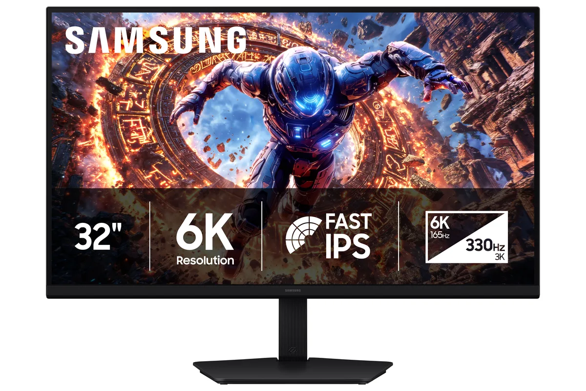 Black 32-inch flat IPS gaming monitor on height-adjustable stand