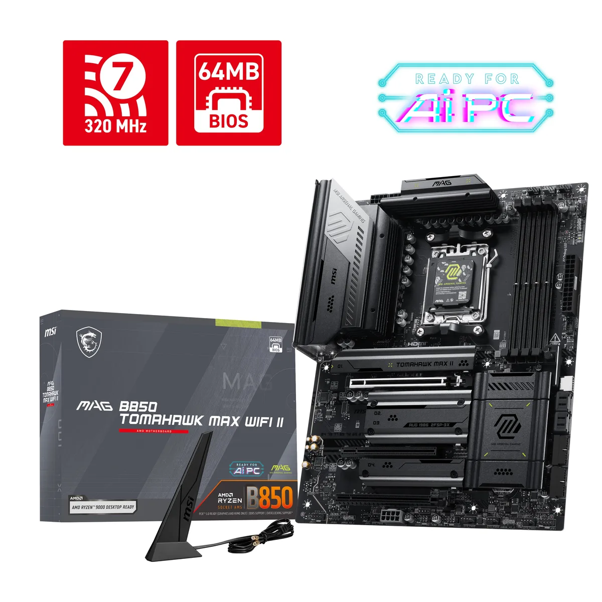 ATX motherboard, matte black with silver heatsinks, AM5 socket, four DDR5 slots, multiple M.2 shields, rear I/O with HDMI, LAN, USB-C