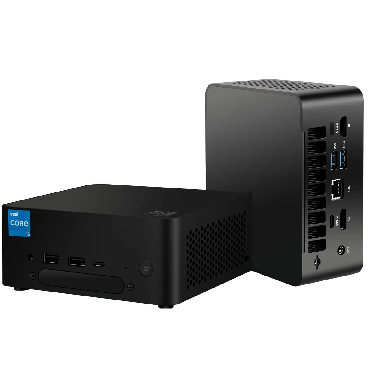Small black rectangular barebone mini PC with front ports visible