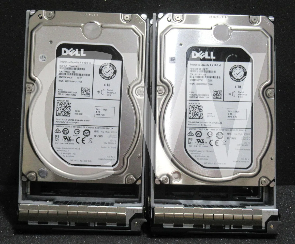 A stack of ten silver 3.5 inch SAS hard drives in server trays