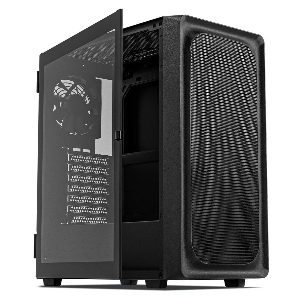 Black mid-tower ATX case with mesh front panel, tempered glass side window, Type-C front port, one pre-installed rear fan
