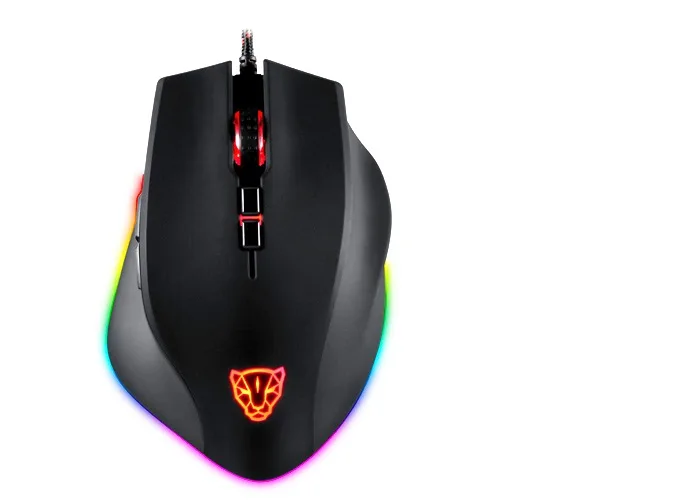 Black wired gaming mouse with ergonomic shape, RGB backlighting and eight buttons