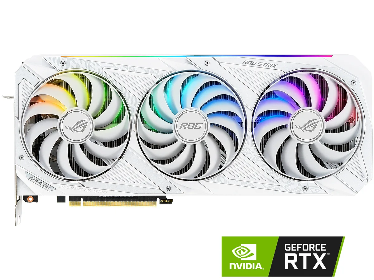White triple-fan graphics card with silver accents and backplate