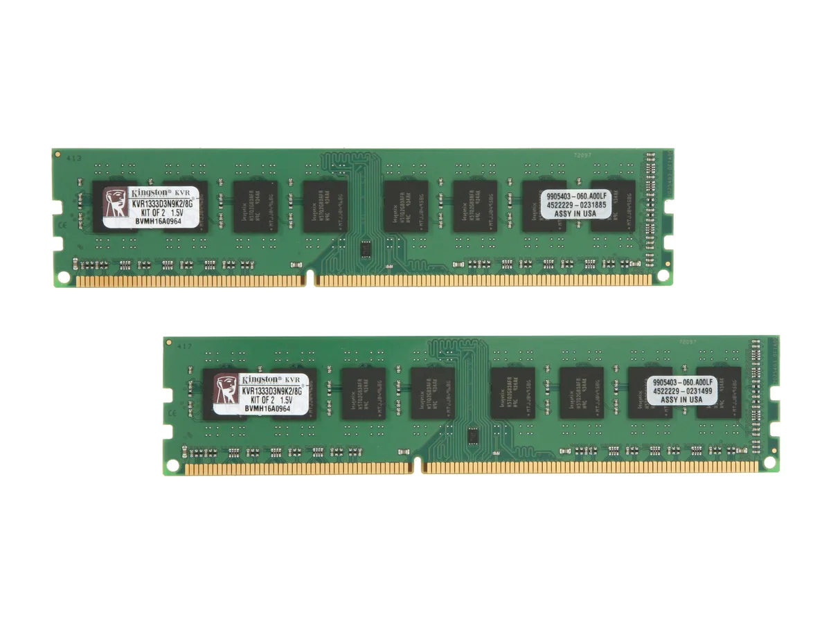 Two green DDR3 desktop memory modules with black chips and gold contacts