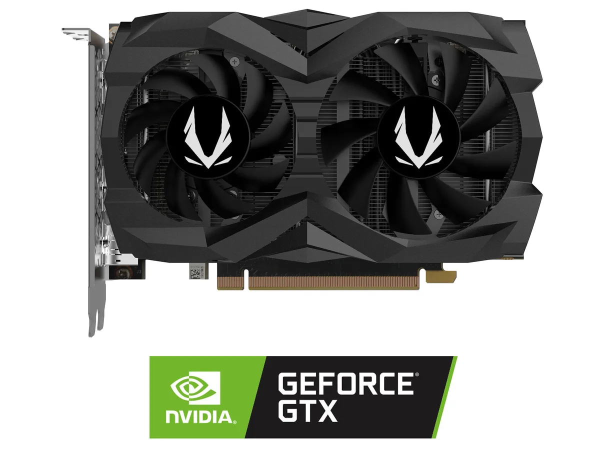 Black dual-fan graphics card, compact 6.83 inch length, two-slot design
