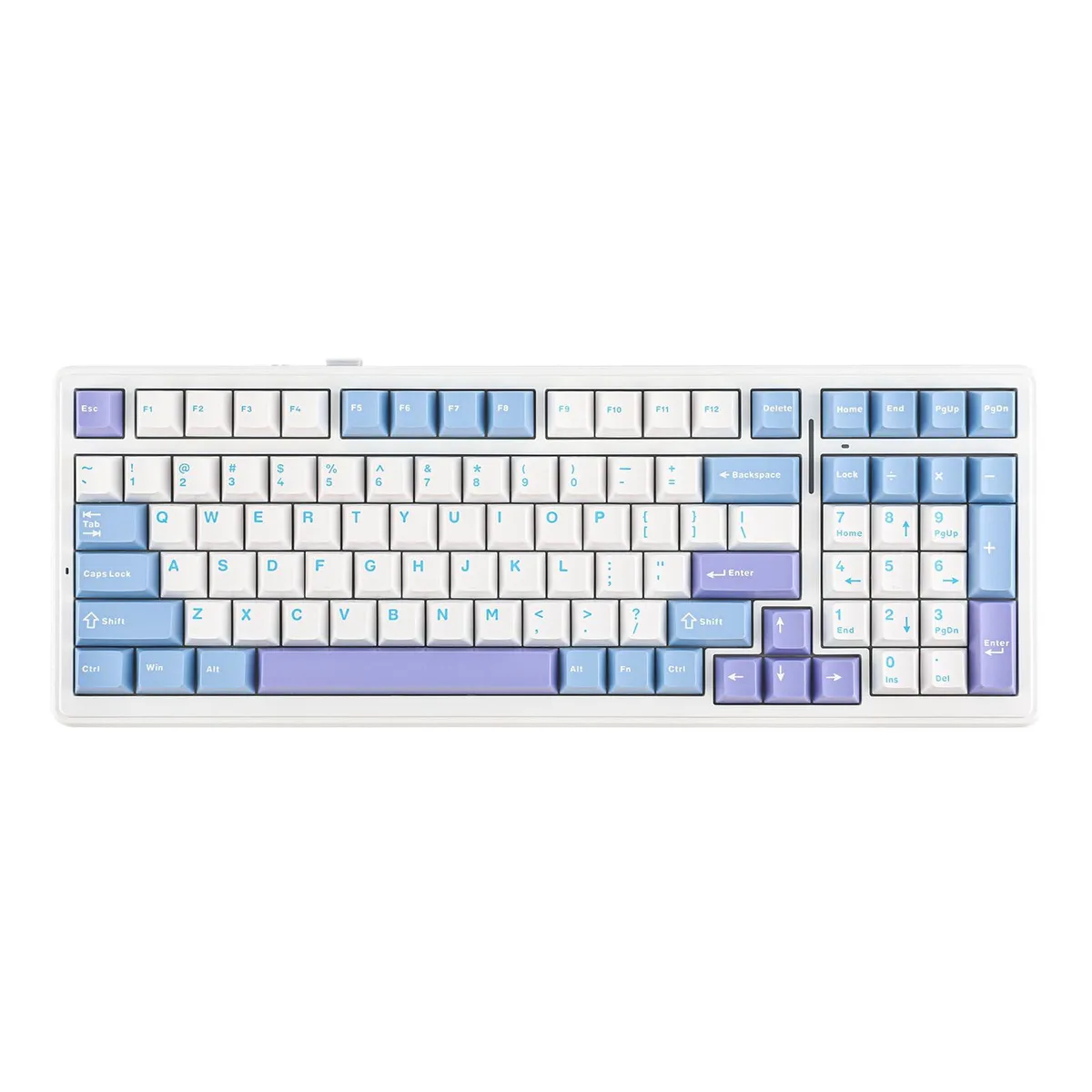 White and light blue compact mechanical keyboard with grey keycaps and RGB backlighting visible on desk