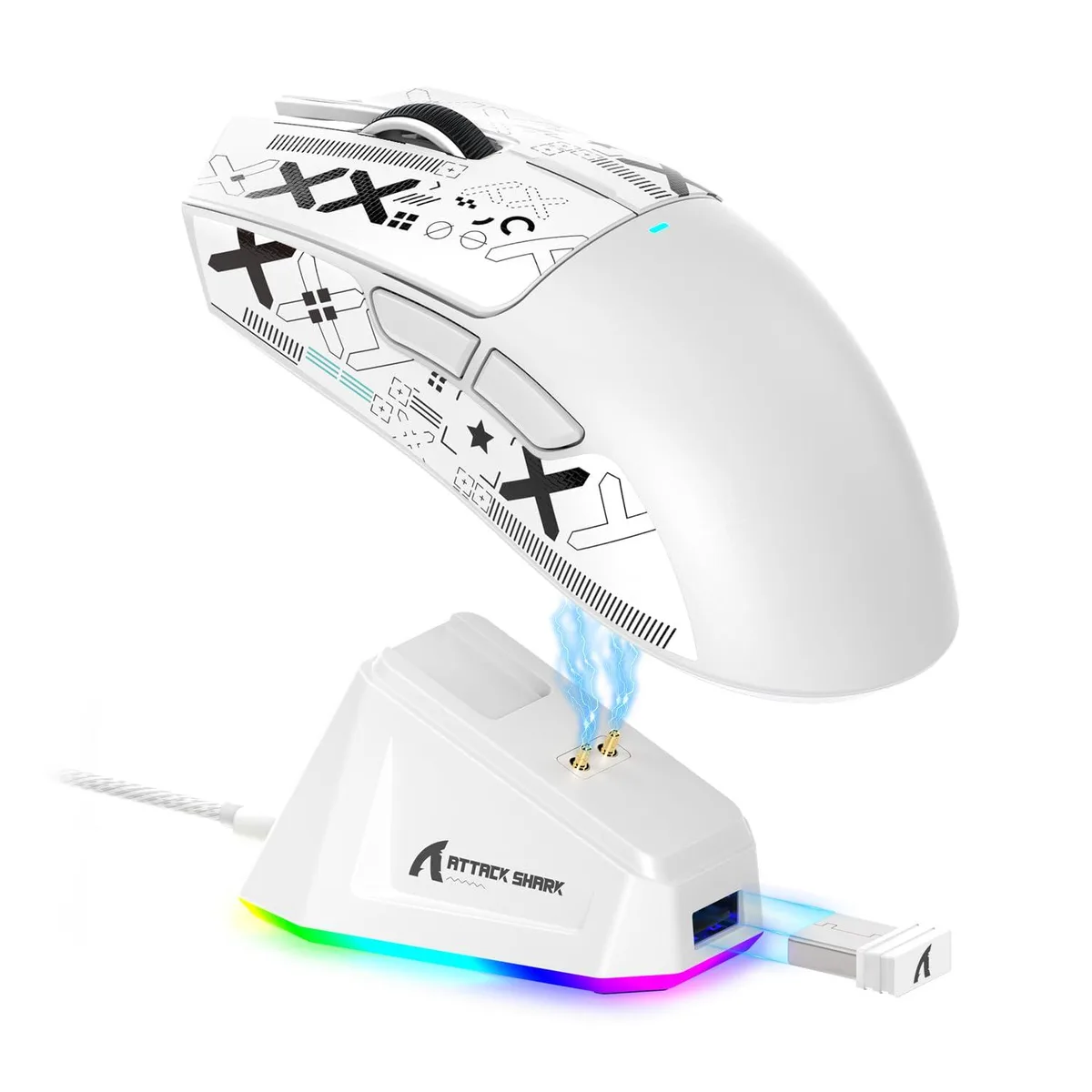 White lightweight gaming mouse with ergonomic shape and RGB charging dock