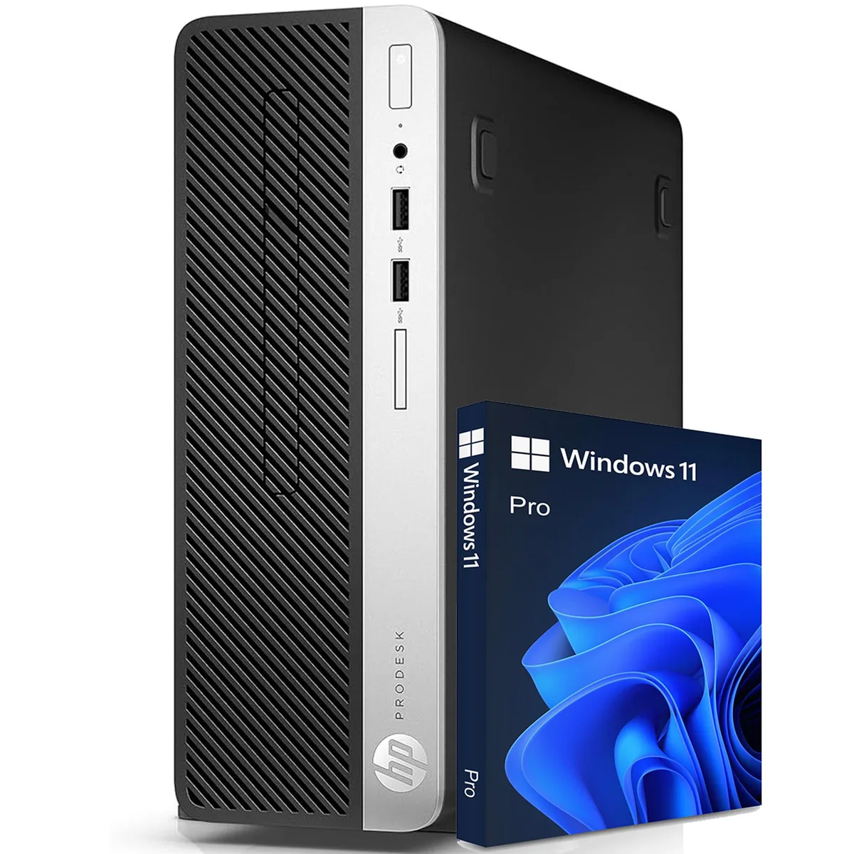Compact black and silver small form factor desktop tower with keyboard and mouse