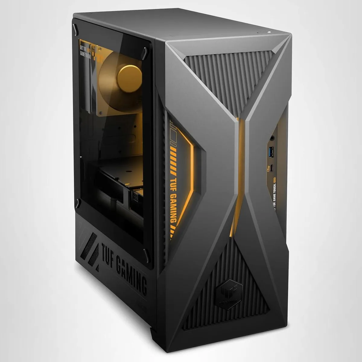 Yellow gaming desktop tower with transparent side panel and bold yellow accents