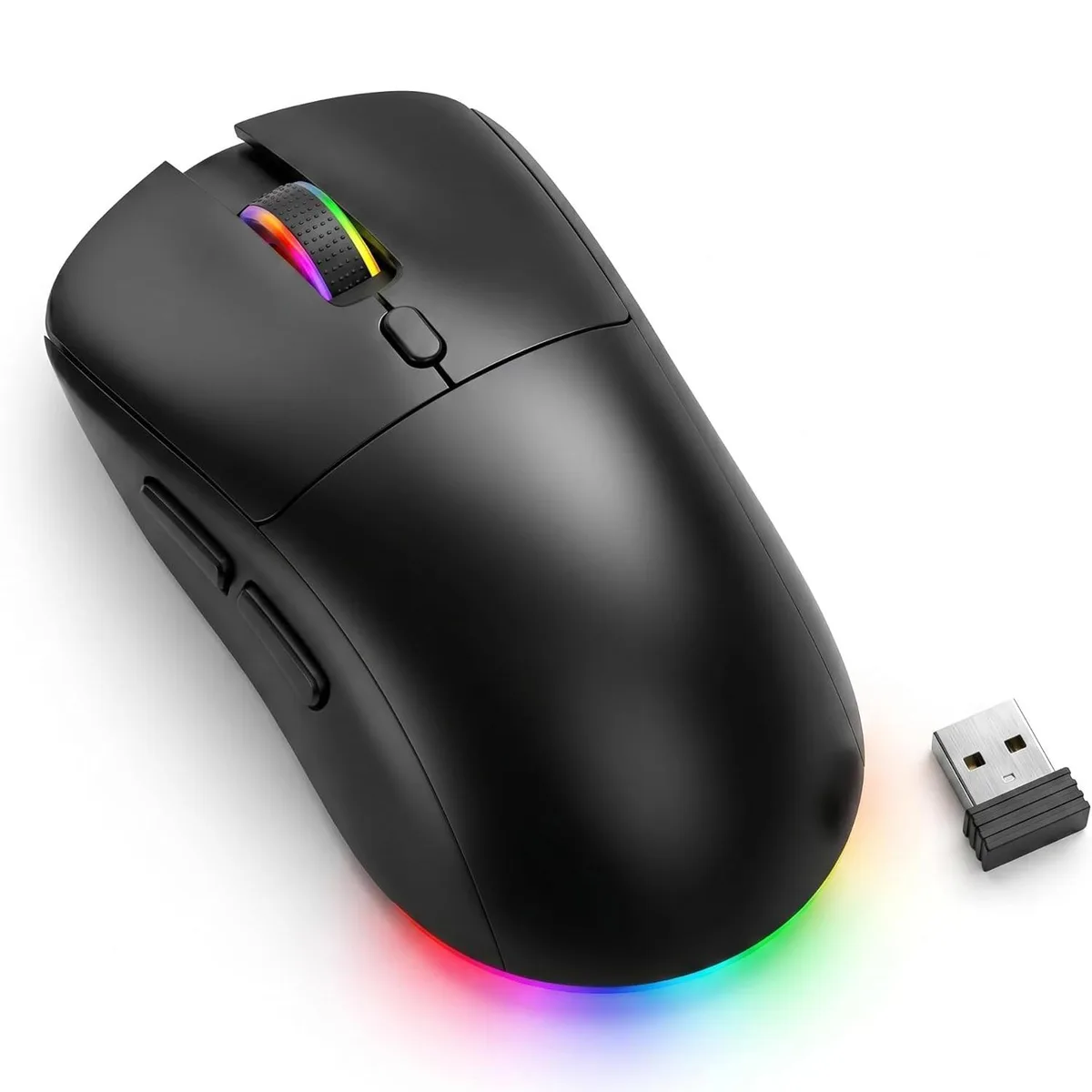Black ergonomic gaming mouse with RGB lighting, six buttons, tri-mode connectivity, rechargeable battery