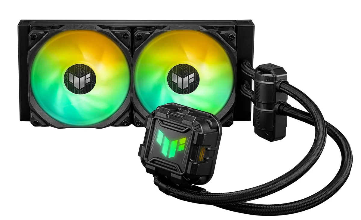 Black 240 mm radiator with two 120 mm ARGB fans, square copper pump block, reinforced sleeved tubing