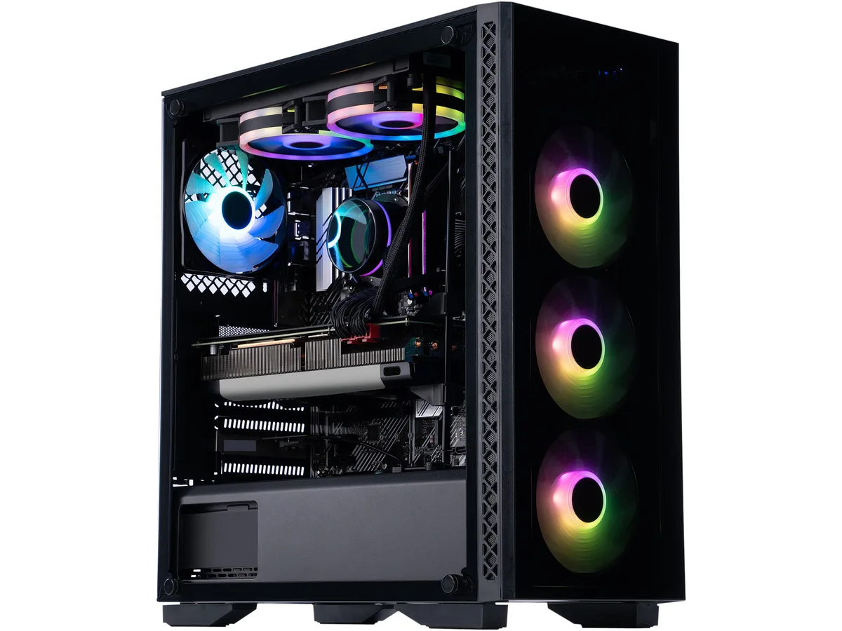 Black mid-tower Deepcool Matrexx 50 case with RGB fans and AIO cooler visible through glass side panel