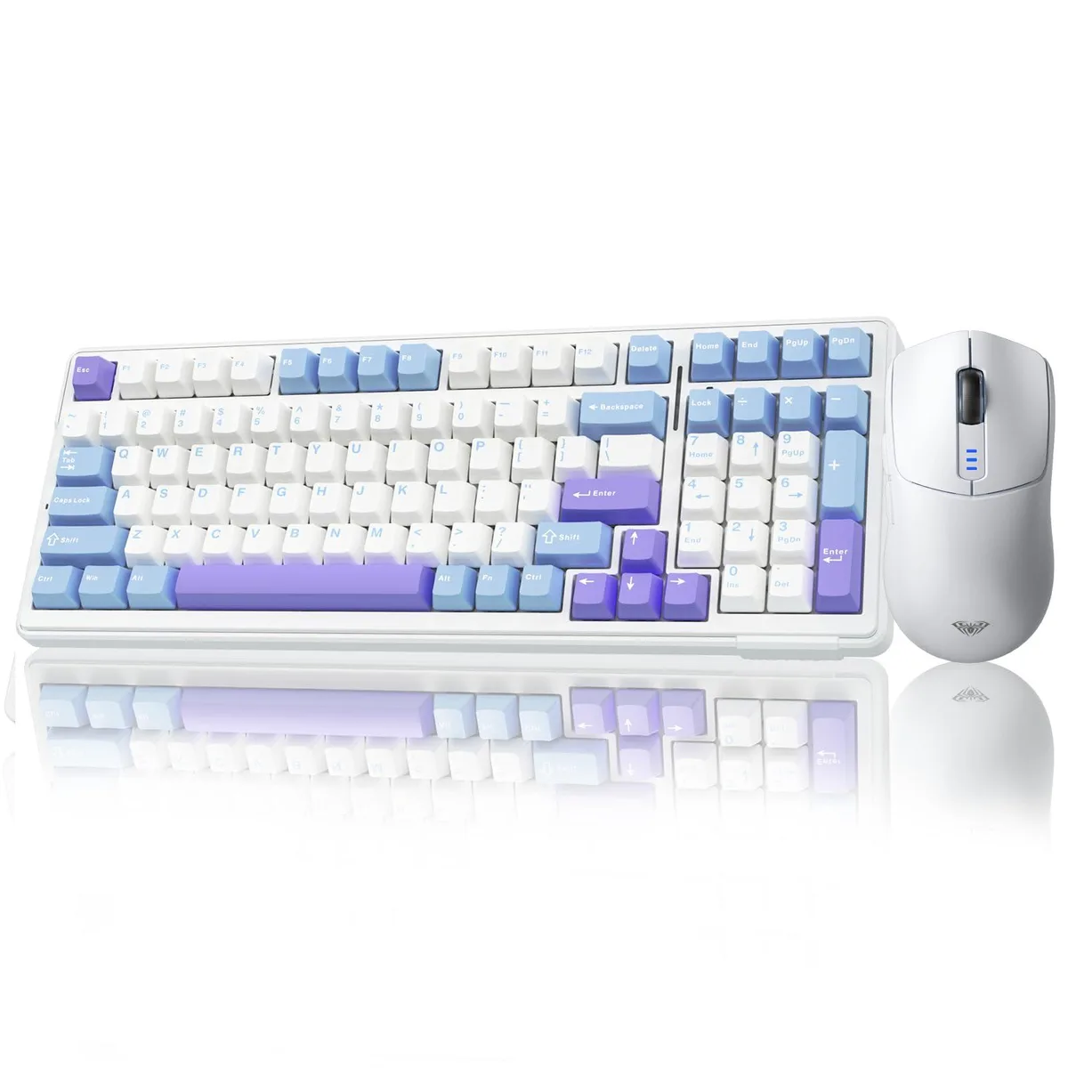 White mechanical keyboard with 104 keys and matching wireless mouse