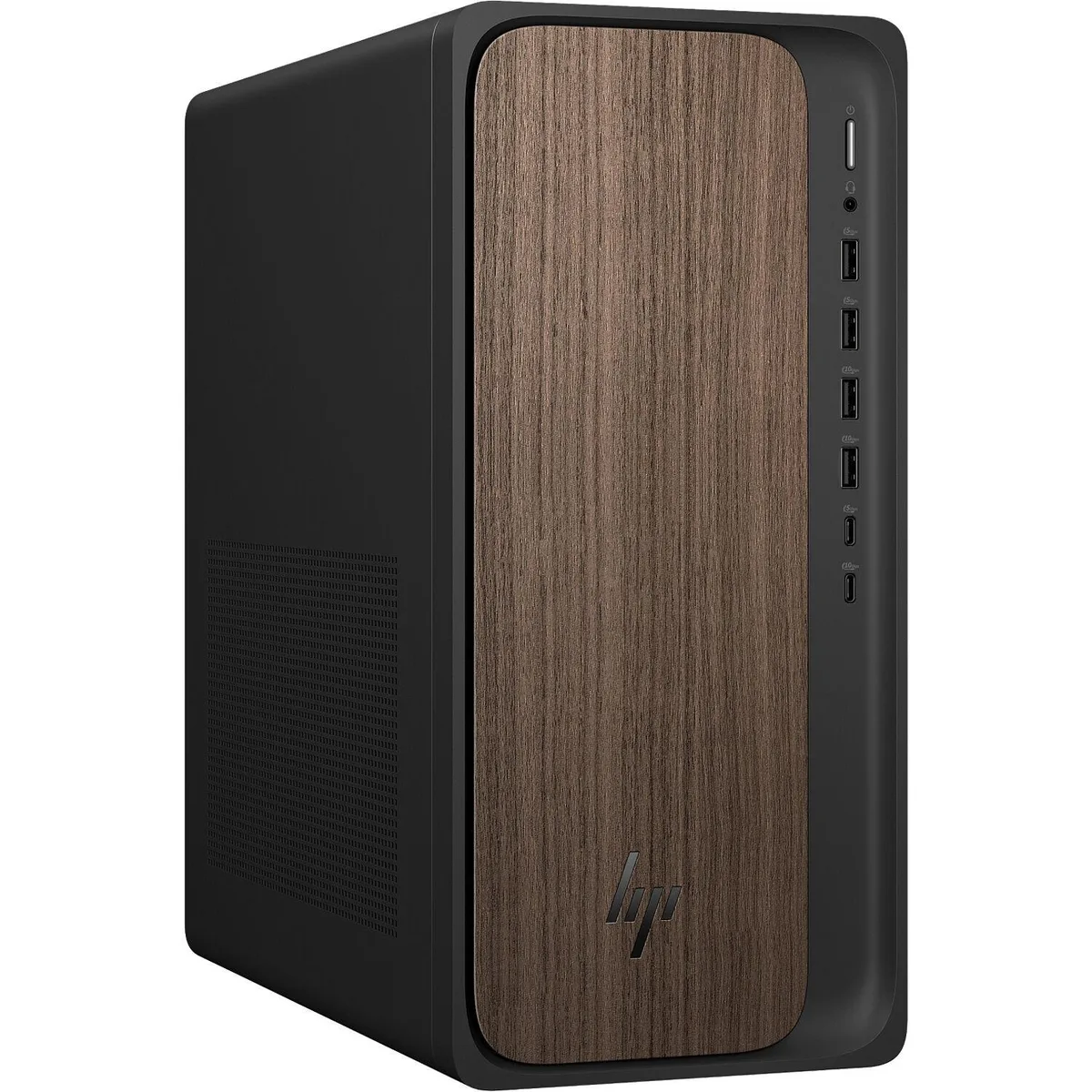 Dark wood tower desktop with wireless keyboard and mouse