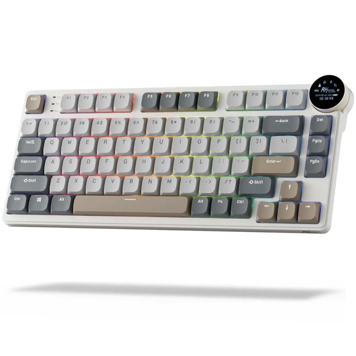 Grey low-profile gaming keyboard with a small display screen and a control knob on the side