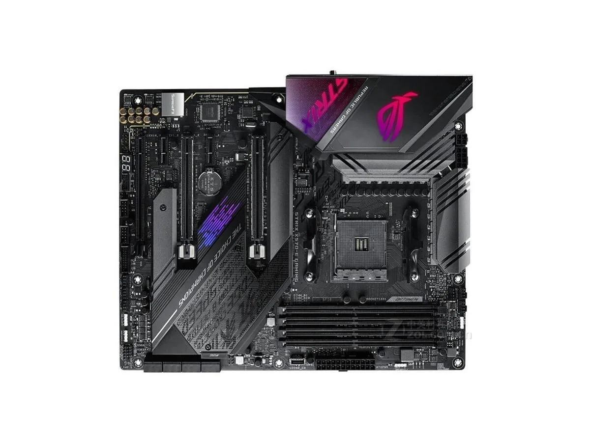 Rectangular ATX motherboard in dark finish with silver heatsinks and multiple expansion slots