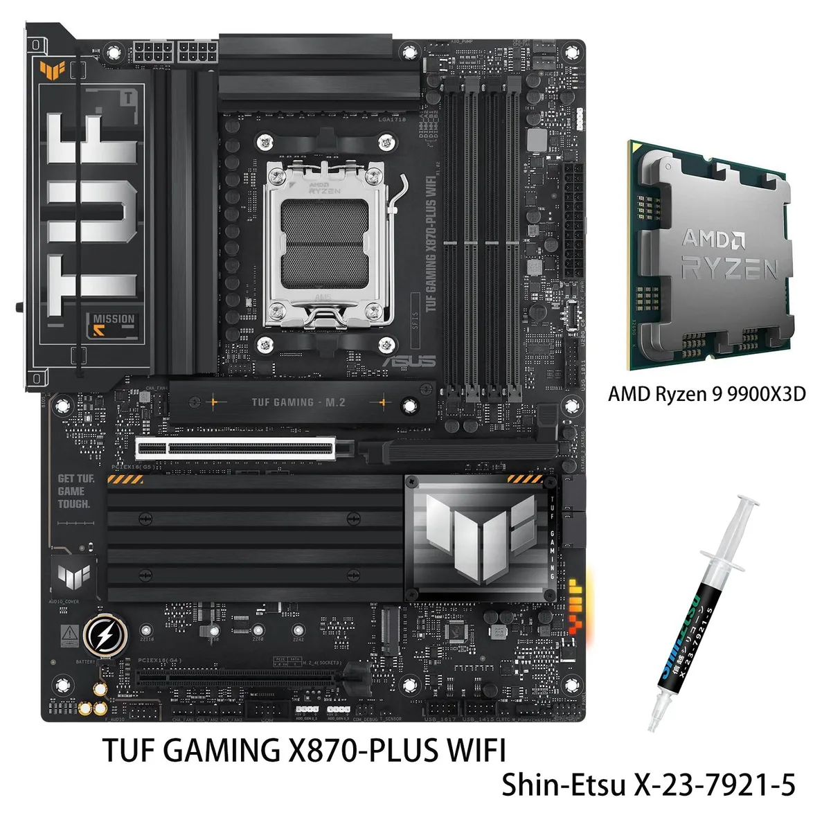 ATX motherboard with large grey heatsinks and AM5 socket, paired with Ryzen 9 9900X3D CPU