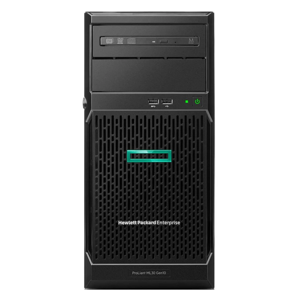 HPE ProLiant ML30 Gen10 Plus tower server, matte dark chassis, front drive bays and DVD slot visible