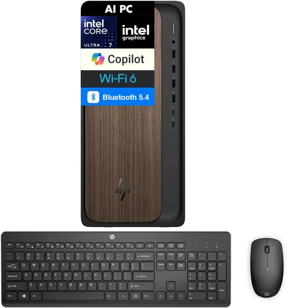 Compact dark wood desktop tower, 13 by 13.5 by 6.15 inches
