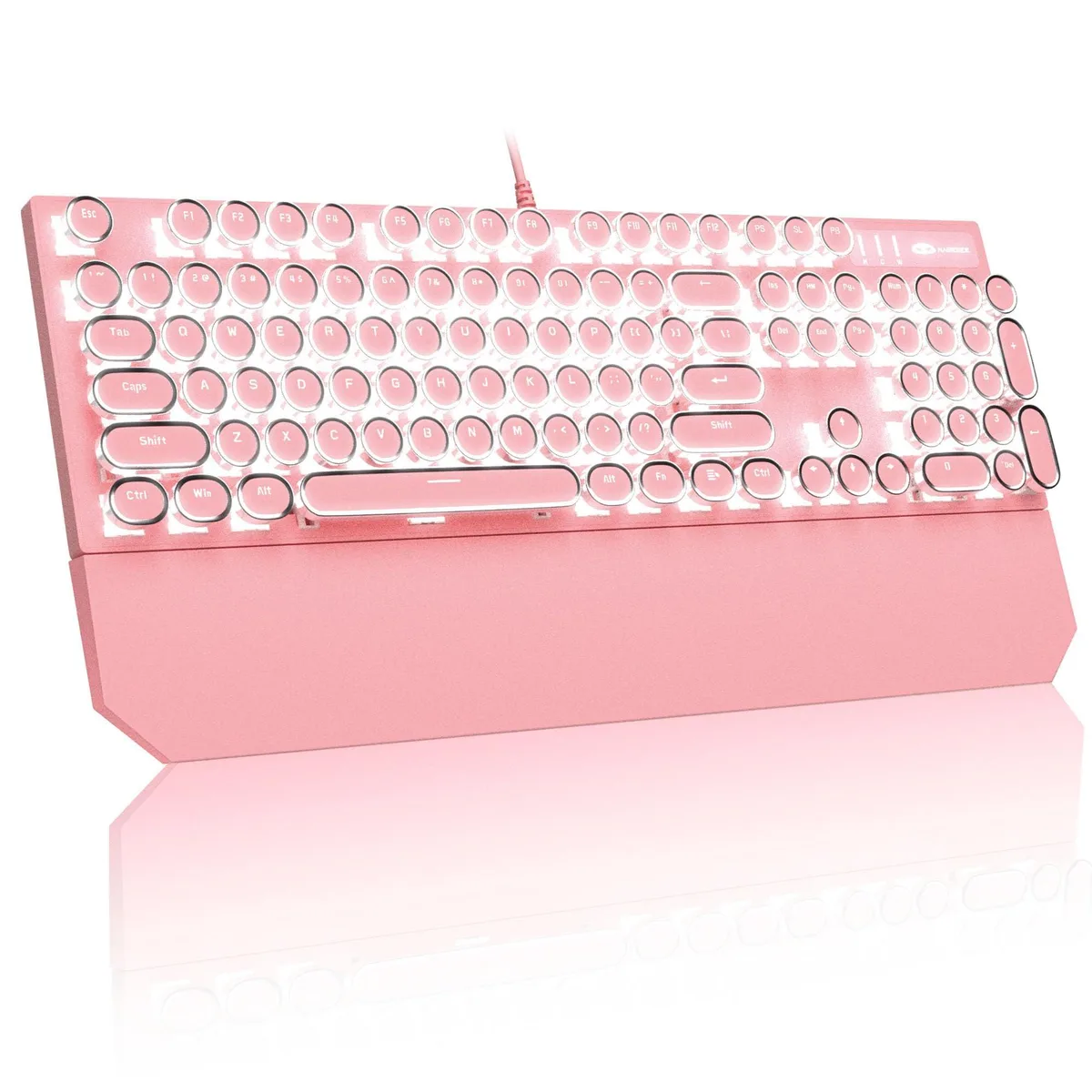 Pink retro typewriter-style mechanical keyboard with round keycaps, aluminium frame, white backlight and magnetic wrist rest