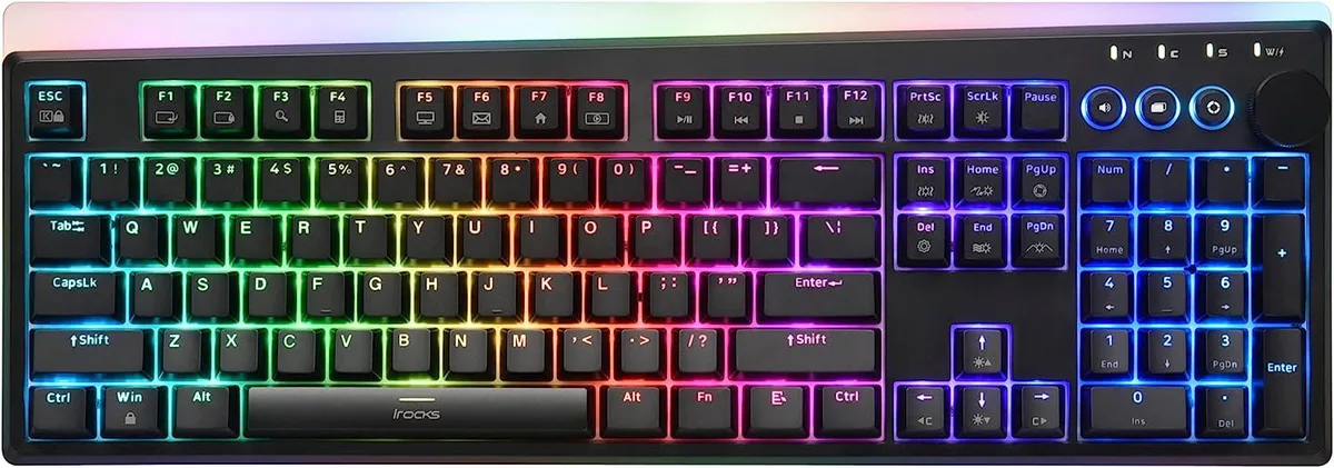 Black full-size wireless mechanical keyboard with 107 keys, PBT keycaps, RGB lighting, media knob and detachable USB-C cable