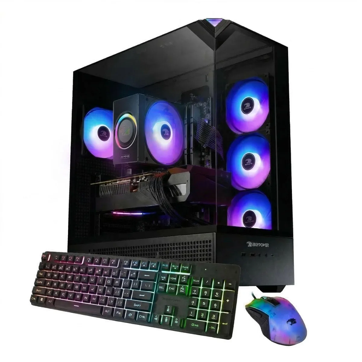 Black mid-tower gaming desktop with RGB lighting