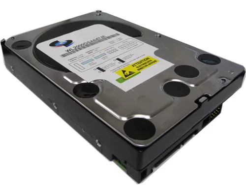 Silver 3.5 inch bare internal hard drive with circuit board visible underneath