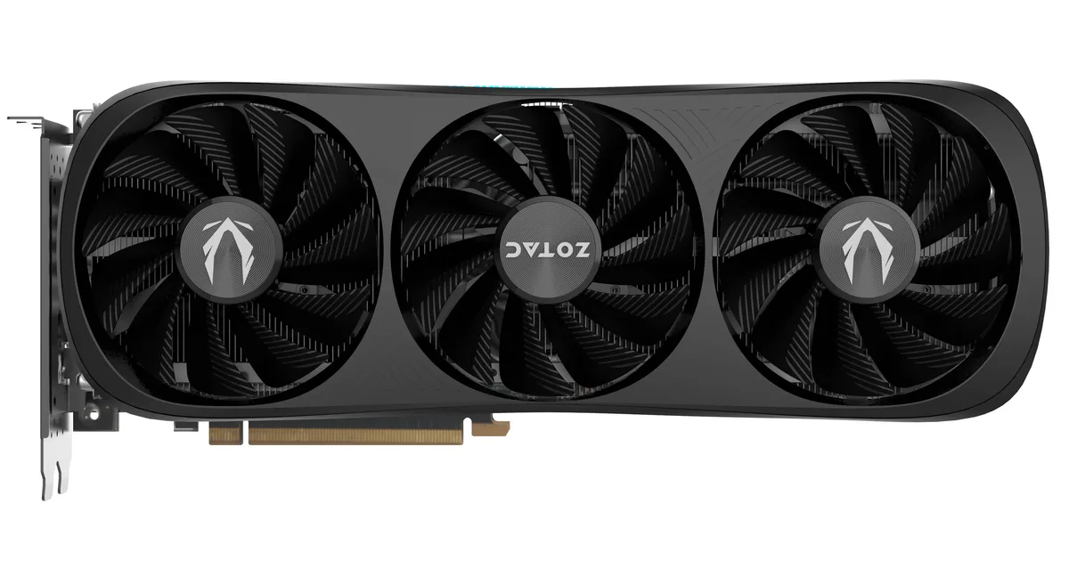 Black triple-fan graphics card with metal backplate and RGB lighting